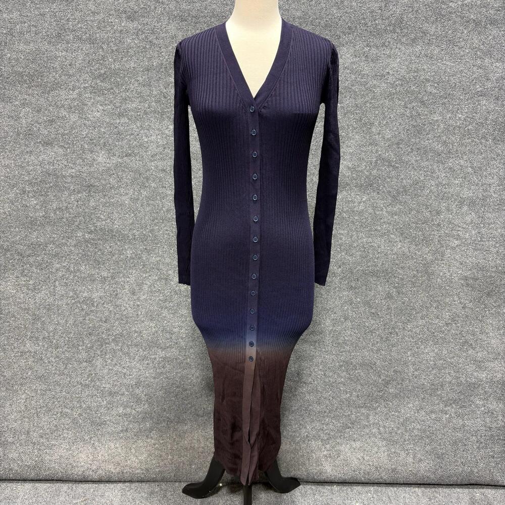 STAUD Dress Womens S Navy Brown Ombre Ribbed Knit Button Front Maxi Bodycon